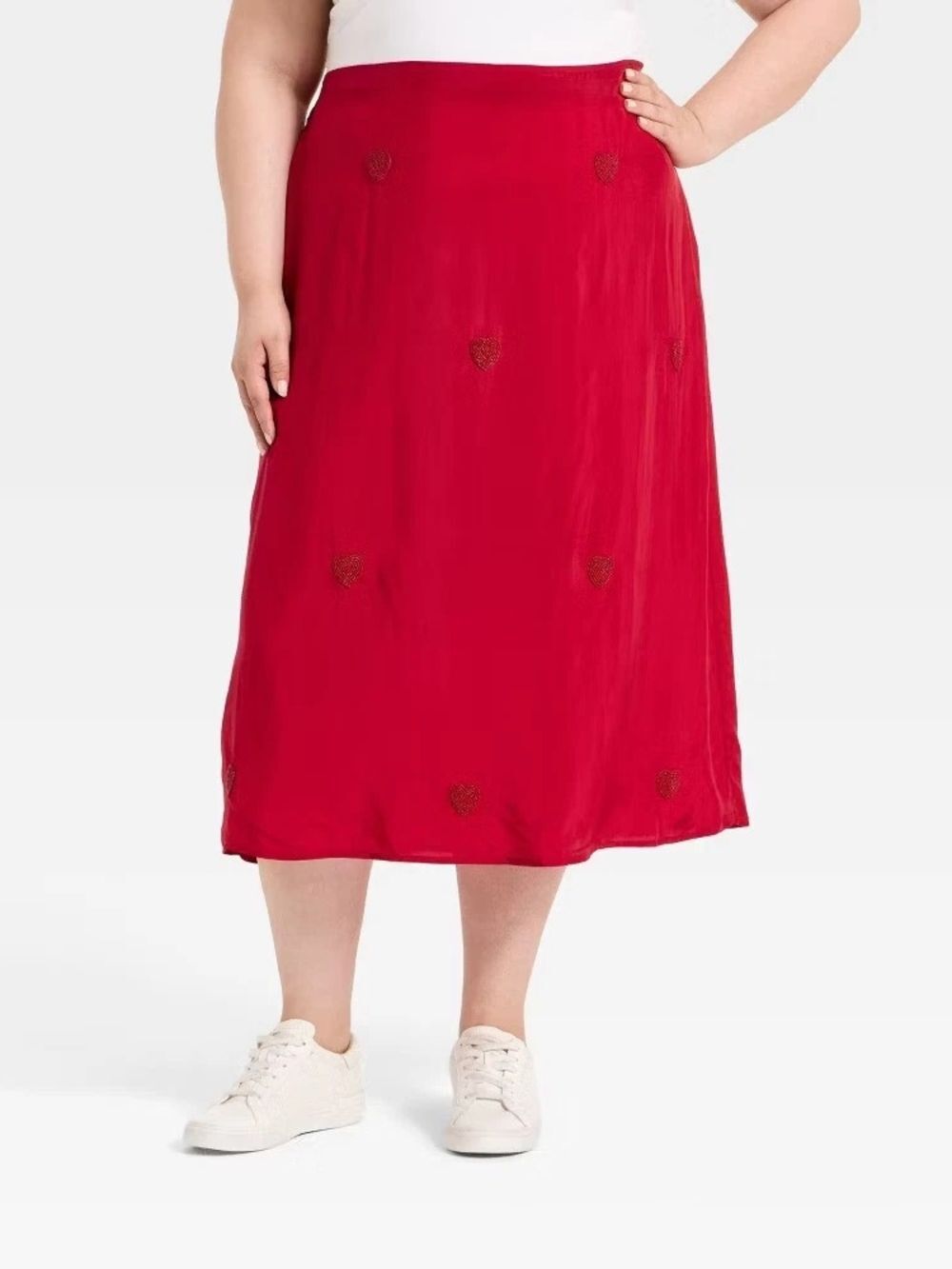 Plus-Size Red Midi Skirt with Heart Shaped Embroidered Accents NWT